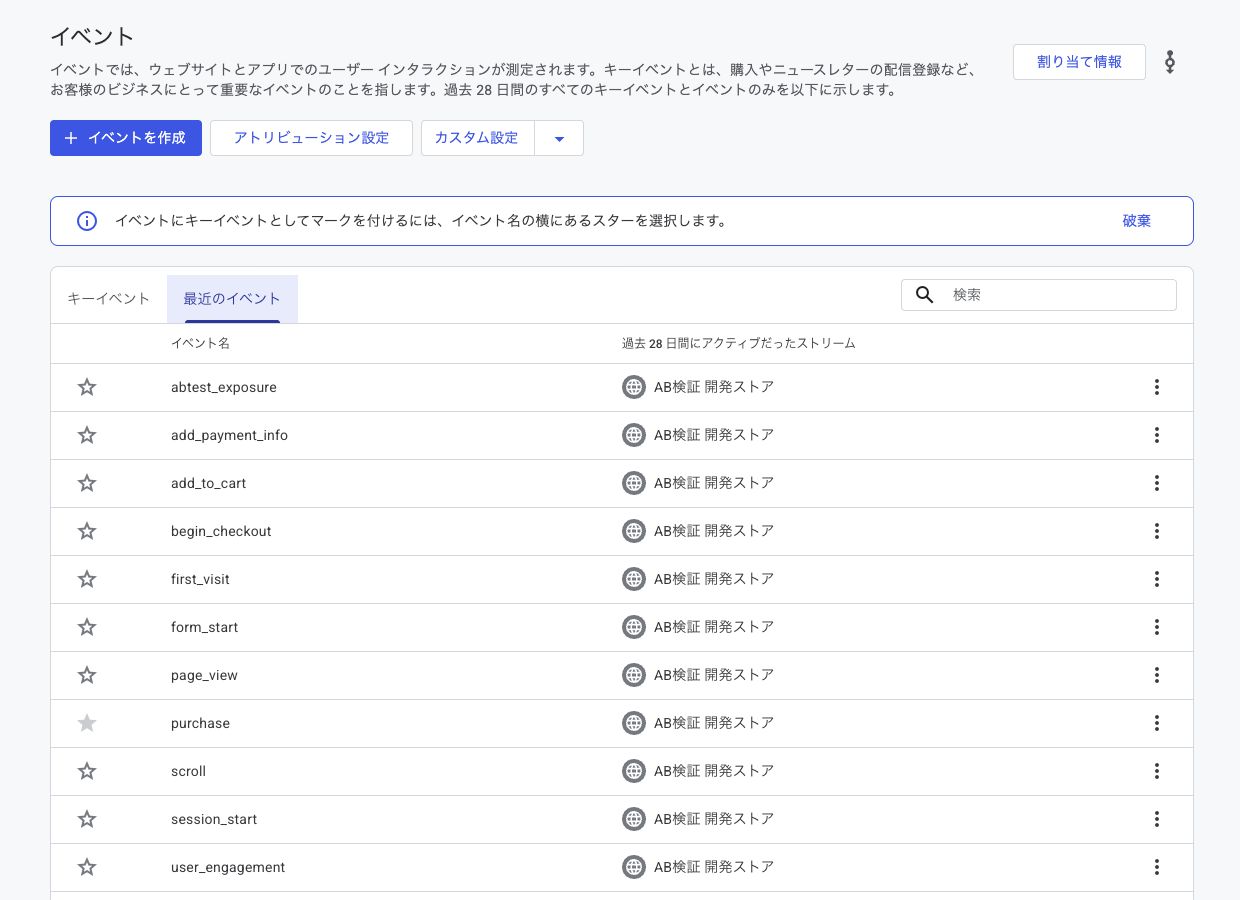 GA4の最近のイベント一覧にabtest_exposureが表示された画面